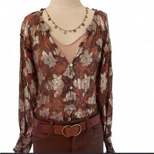 Burgundy brown bohemian oversized Vneck floral blouse metallic gold bohemian top
